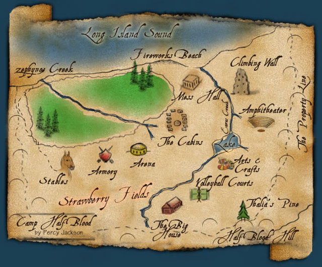 Map of Camp Half-blood, Long Island Sound, New York  Percy jackson  wallpaper, Percy jackson party, Percy jackson books